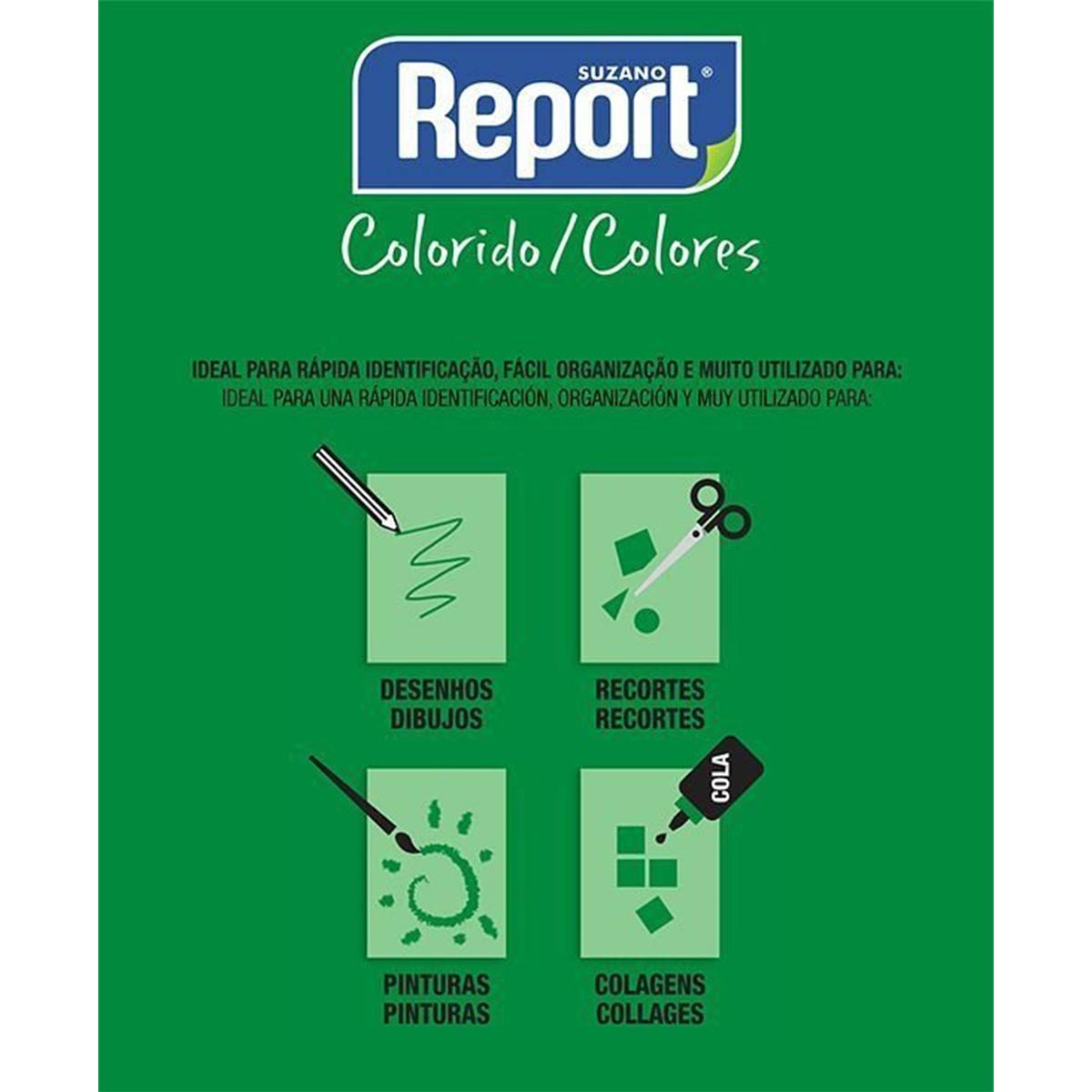 Suzano Report® Colorido Verde A4 075 g/m² Caixa com 05 Pacotes 0500 Folhas por Pacote
