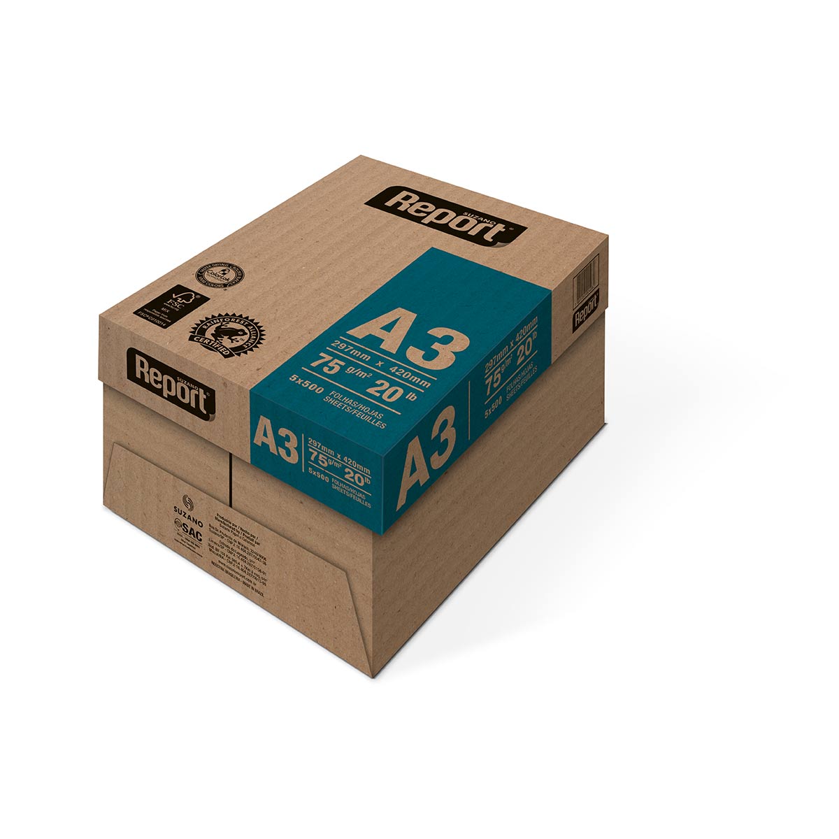 Suzano Report® Premium A3 075 g/m² Caixa com 05 Pacotes 0500 Folhas por Pacote
