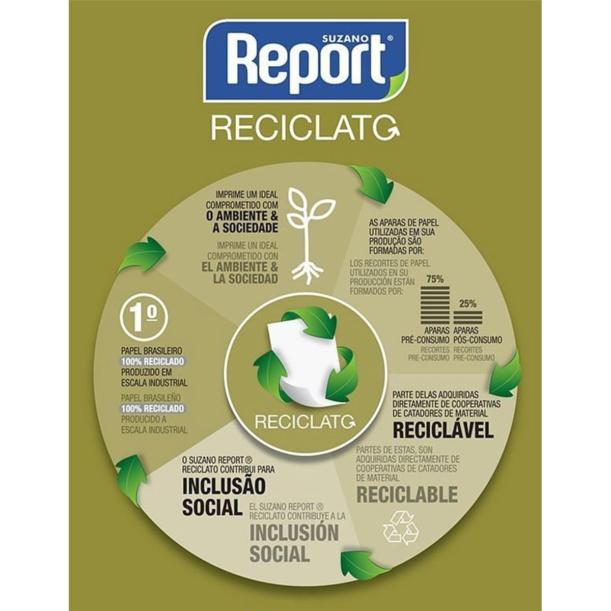 Suzano Report® Reciclato® A4 075 g/m² Caixa com 05 Pacotes 0500 Folhas por Pacote
