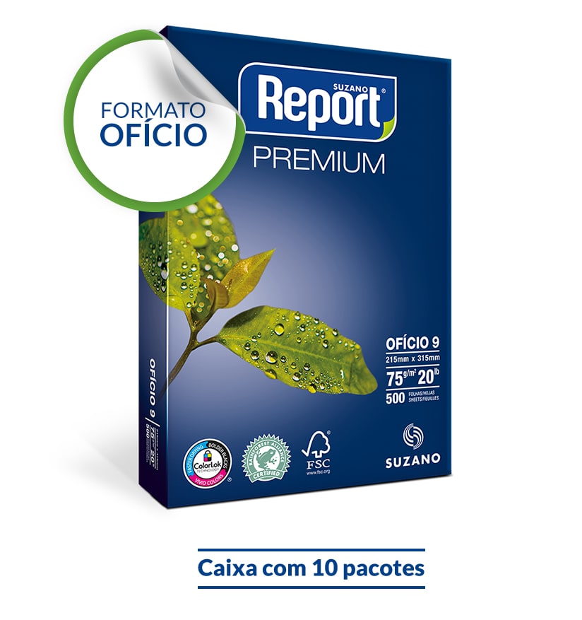Caixa com 10 pacotes de Papel Sulfite Report Premium Ofício 9 75g de 500 folhas